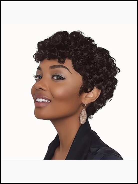 Short Pixie Wig with Bangs Curly Synthetic Heat Resistant Glueless Design main image 6